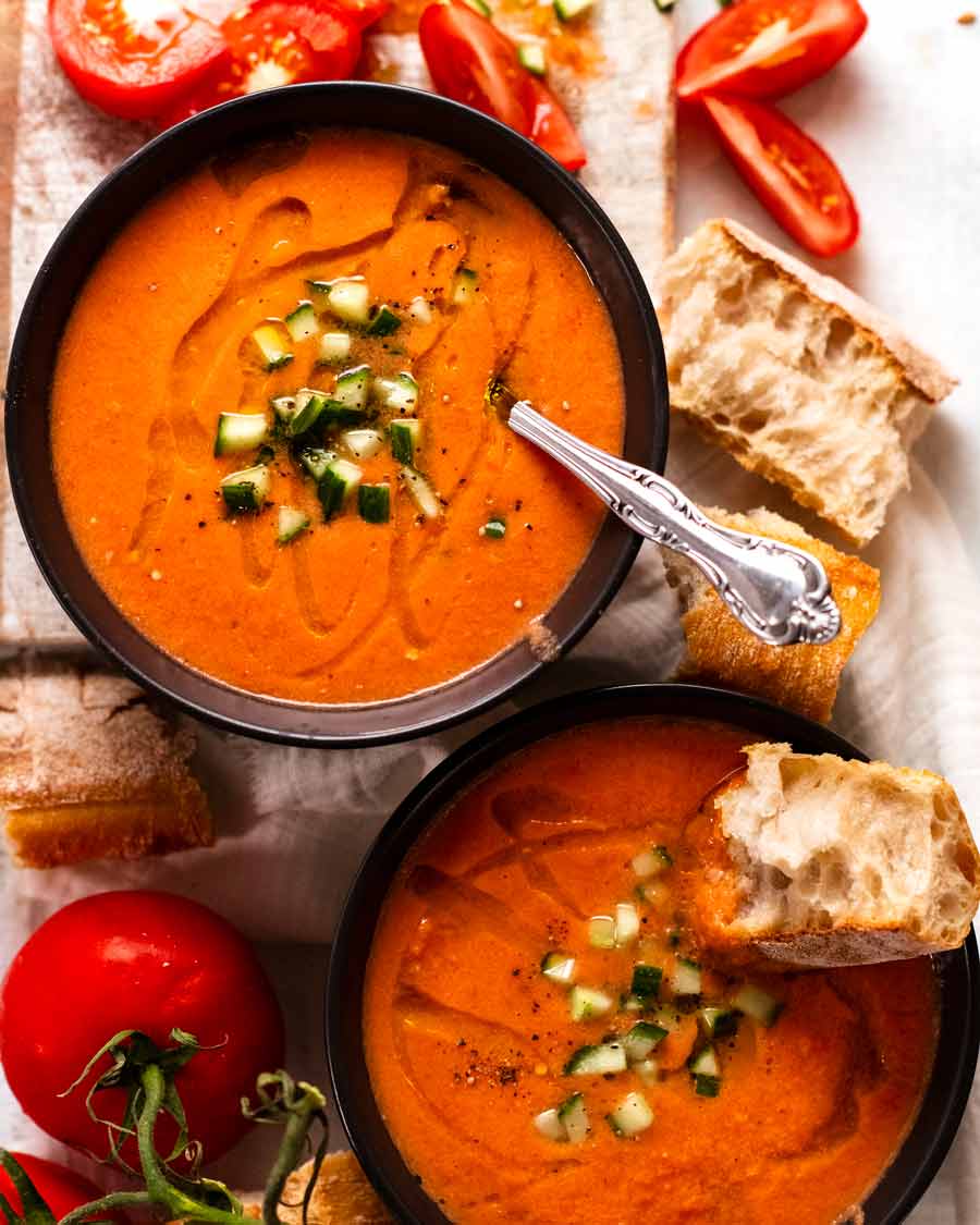 Bowls of Gazpacho ready to be eaten